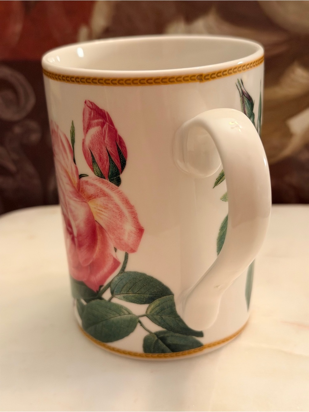 I. Godinger & Co. Pink Rose Ceramic Mug w/Gold Trim (No chips or cracks/2 bumps) - Picture 6 of 10